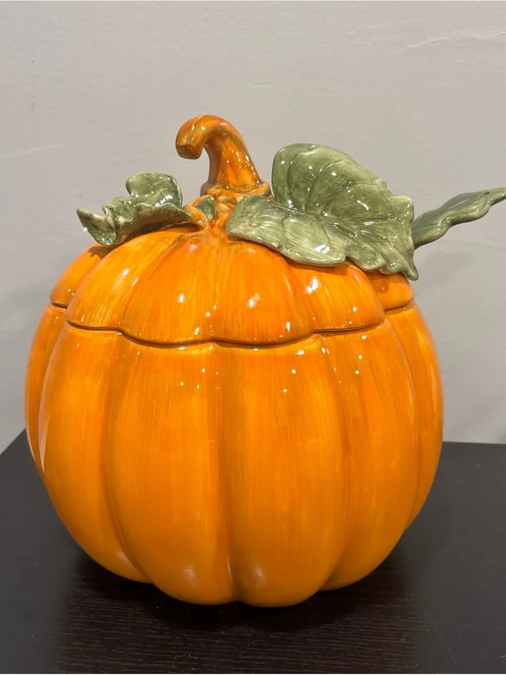 Pumpkin Ceramic Canister Leaf Lid soup turine ladel brand new Halloween holiday